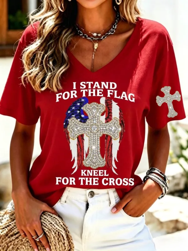 Women's America's 250th Anniversary Stand For The Flag Kneel For The Cross Faith Christian Cross Print T-Shirt