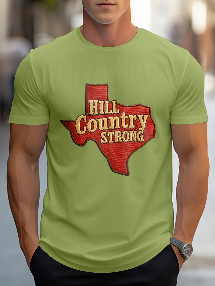 Men'S Casual Style HILL COUNTRY STRONG Simple Round Neck Slim Fit T-Shirt