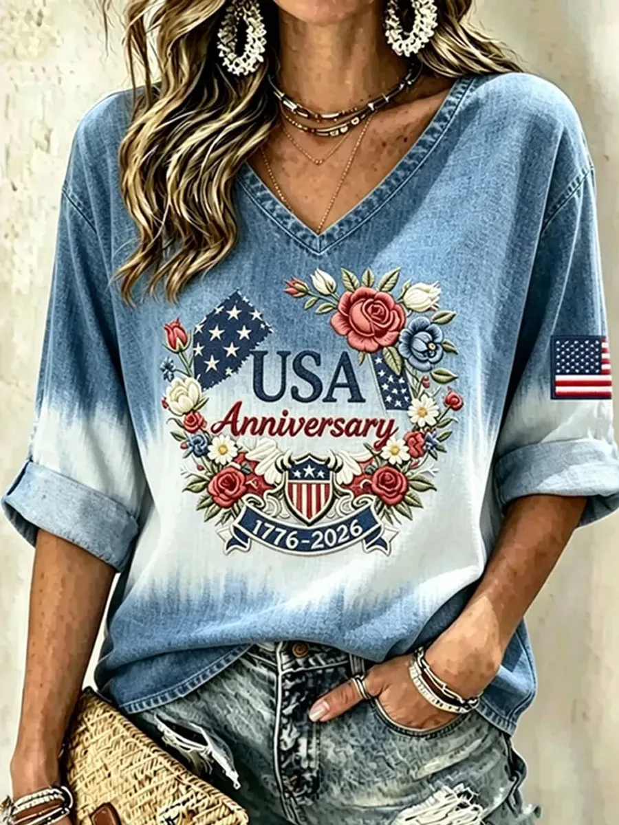 Women's 250th Anniversary Of The United States Printed V-Neck Top