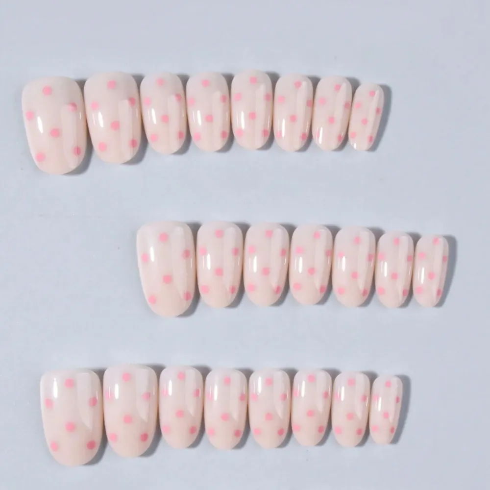 Nailhour 30Pcs Vintage Medium Oval Sweet Pink Polka Dot Press On Nails
