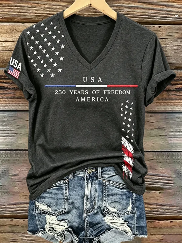 250Th Anniversary American Embroidery Commemorative V-Neck Short Sleeved T-Shirt