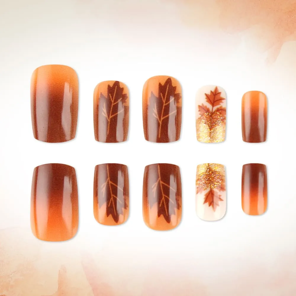 Nailhour 24Pcs Floral Autumn Glitter Medium Square Press On Nails