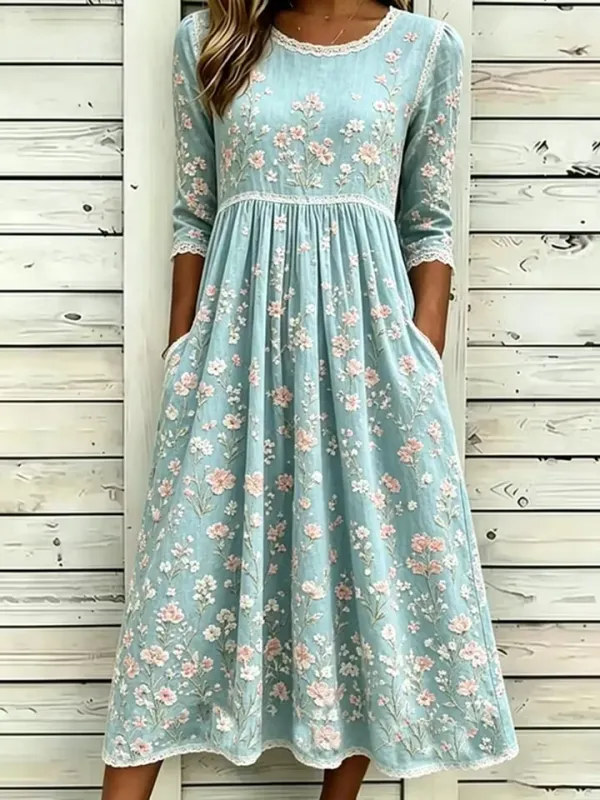 Retro Pink Flower Art Linen Blended Lake Blue Round Neck Mid Sleeve Dress