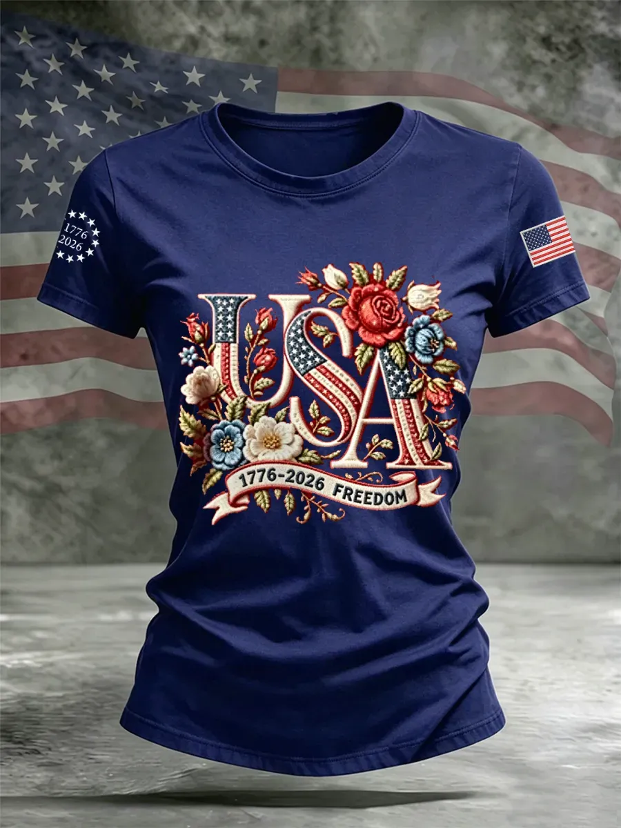 Women's Flag & Floral Print Cotton-Linen T-Shirt