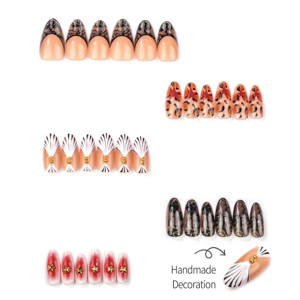 Nailhour 30Pcs Autumn Sweet Gilded Medium Almond French Press On Nails