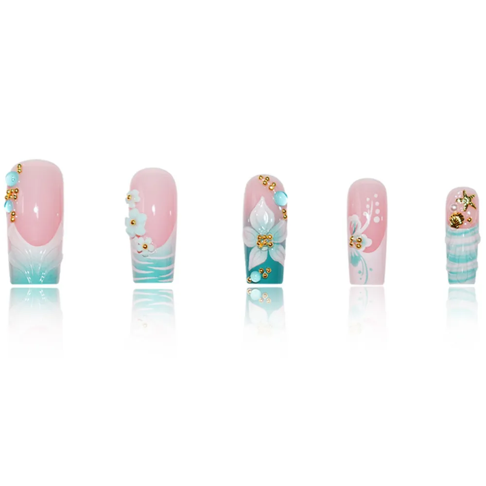 Nailhour Rhinestone 24Pcs Long Square 3D Floral Press On Nails