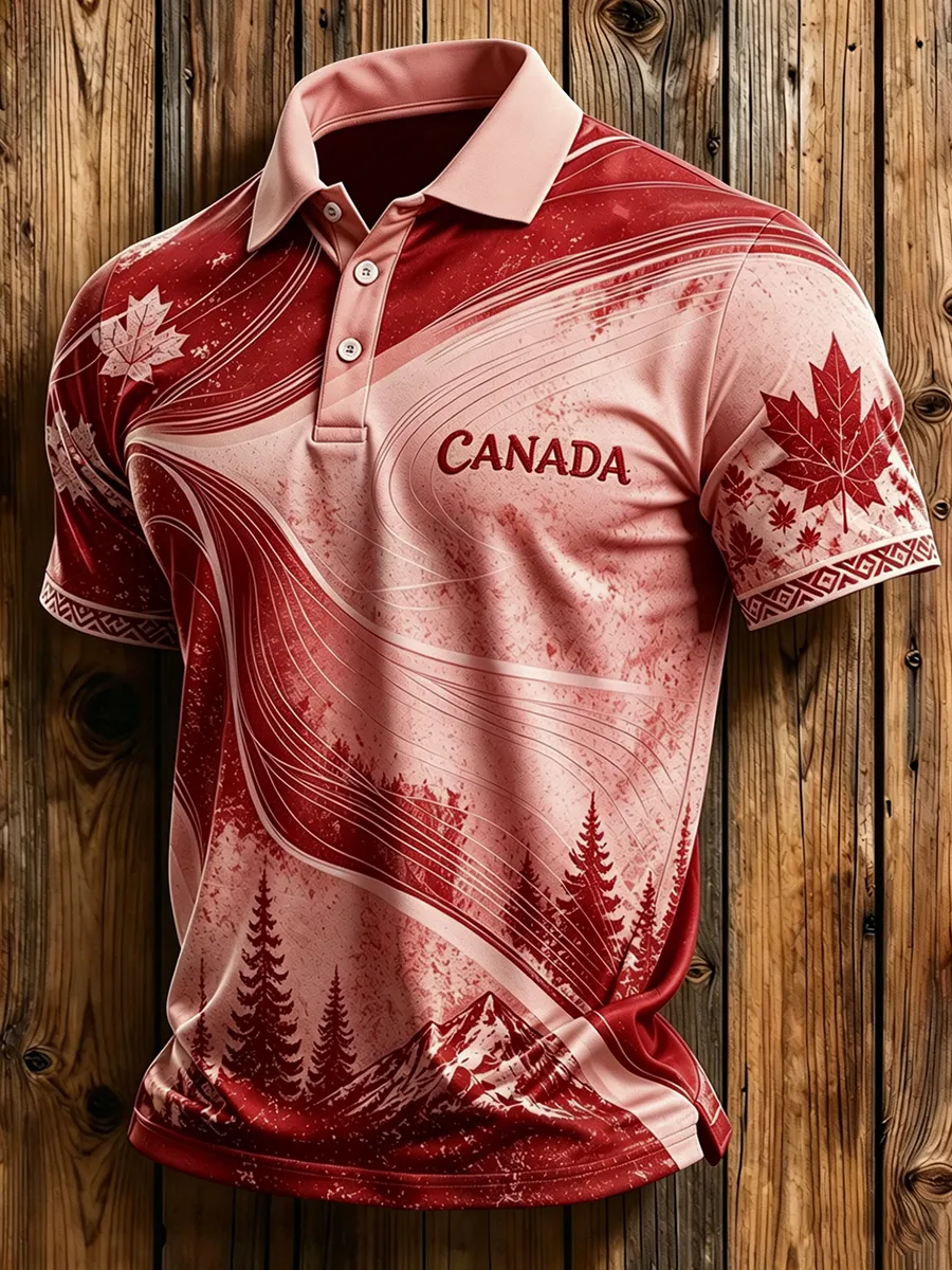 Men's Canada Maple Leaf Mountain Print Polo Shirt