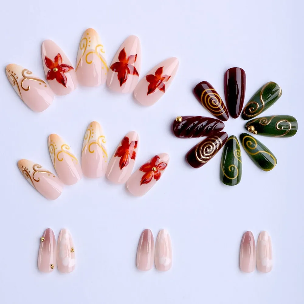 Nailhour 24Pcs Gilded French 3D Floral Medium Almond Press On Nails