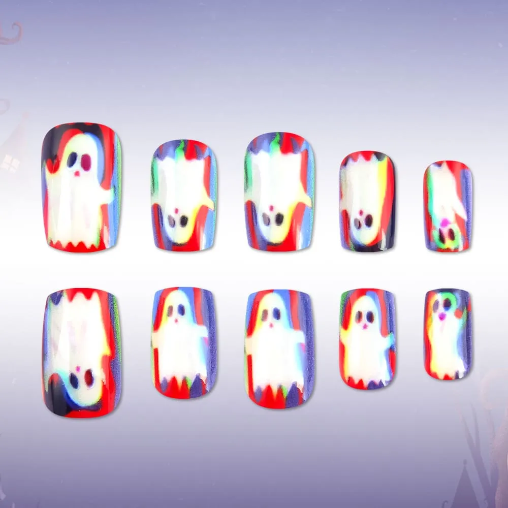 Nailhour 24Pcs Rainbow Double Image Ghost Halloween Short Square Press On Nails