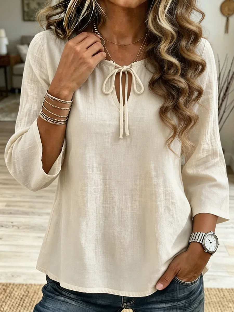Women's Tie Neck Keyhole Linen Blend Casual Top