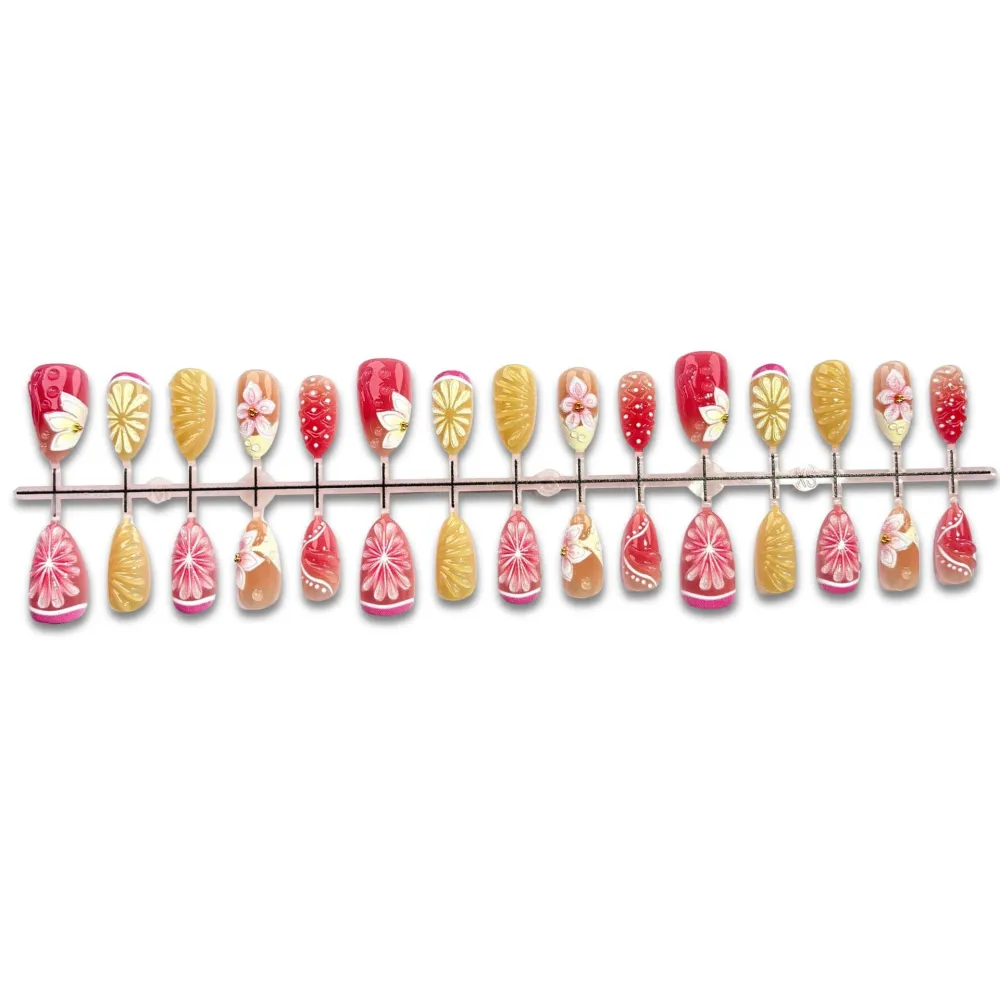 Nailhour 30Pcs Handmade Floral 3D Medium Almond French Press On Nails