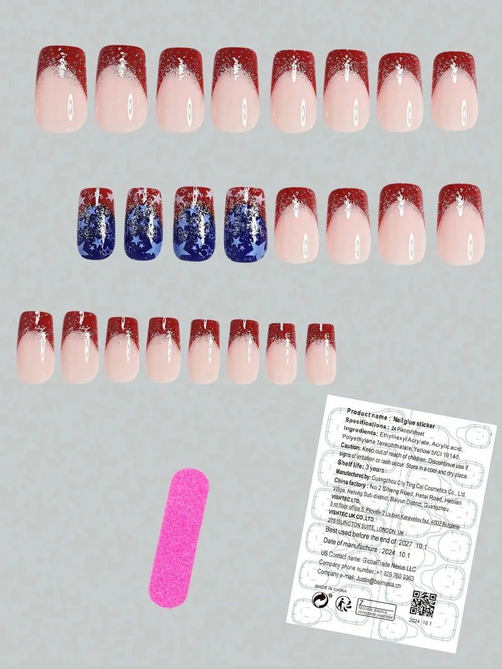 Nailhour 24pcs Medium Square 4th Of July Nail Art French Stiletto Dreamy Silver Glitter Press On Nails