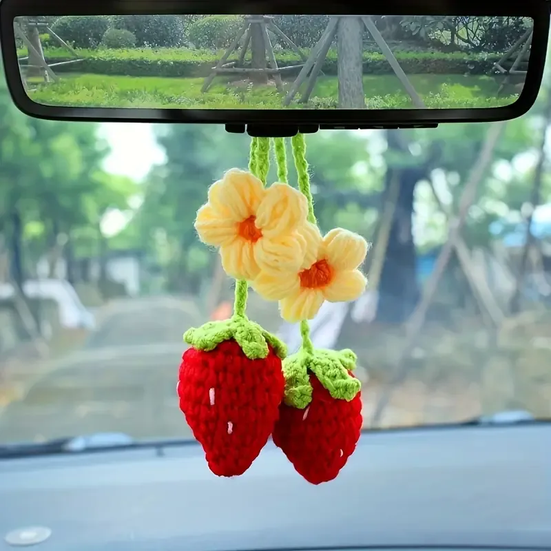 Handmade Crochet Strawberry Flower Car Mirror Charms
