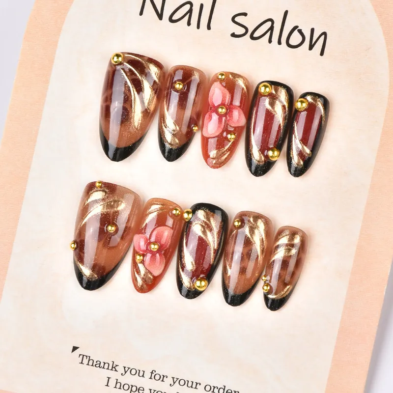 Nailhour 30pcs Metallic Gold Almond Brown Leopard French 3D Press On Nails