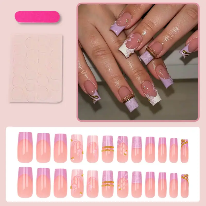 Nailhour 24Pcs Gilded French Medium SquarePress On Nails
