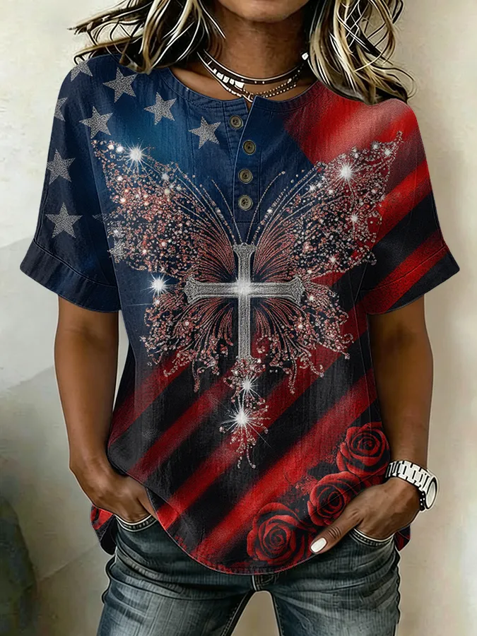 Women's Casual Patriot Cotton Linen Short-Sleeve Button-Up Shirt