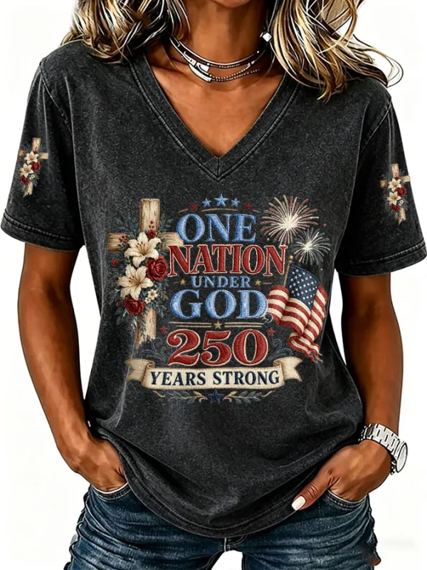Women'S America Flag Print Casual V-Neck T-Shirt