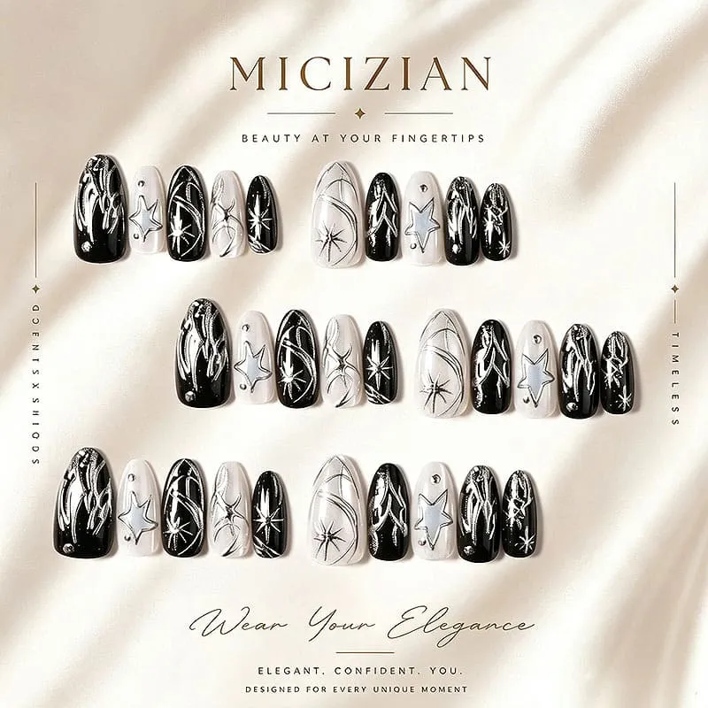 Nailhour 30Pcs Y2K Star 3D Medium Almond French Press On Nails