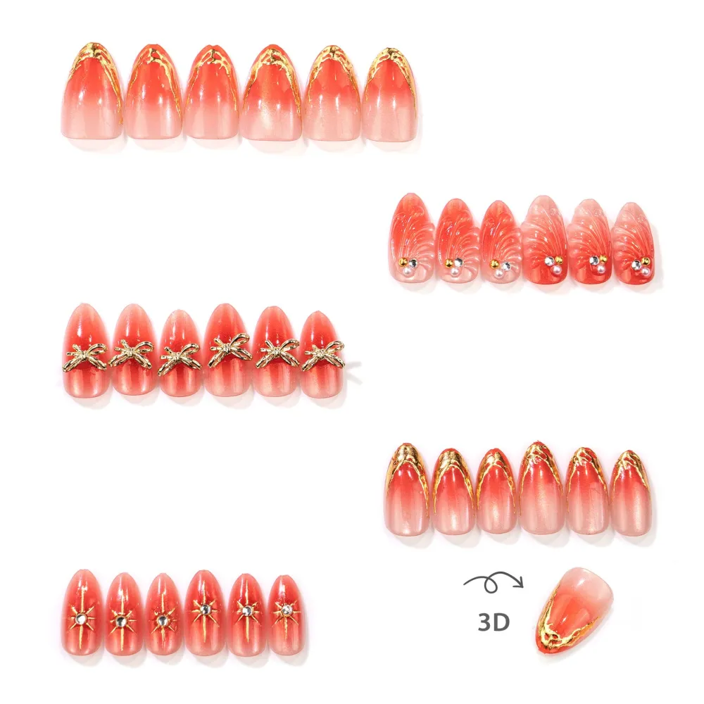 Nailhour 30Pcs Blending 3D Medium Almond Red French Press On Nails