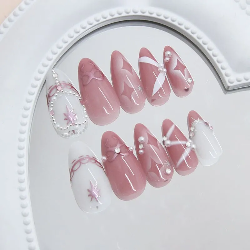 Nailhour 24Pcs French 3D Pink Vintage Medium Almond Press On Nails