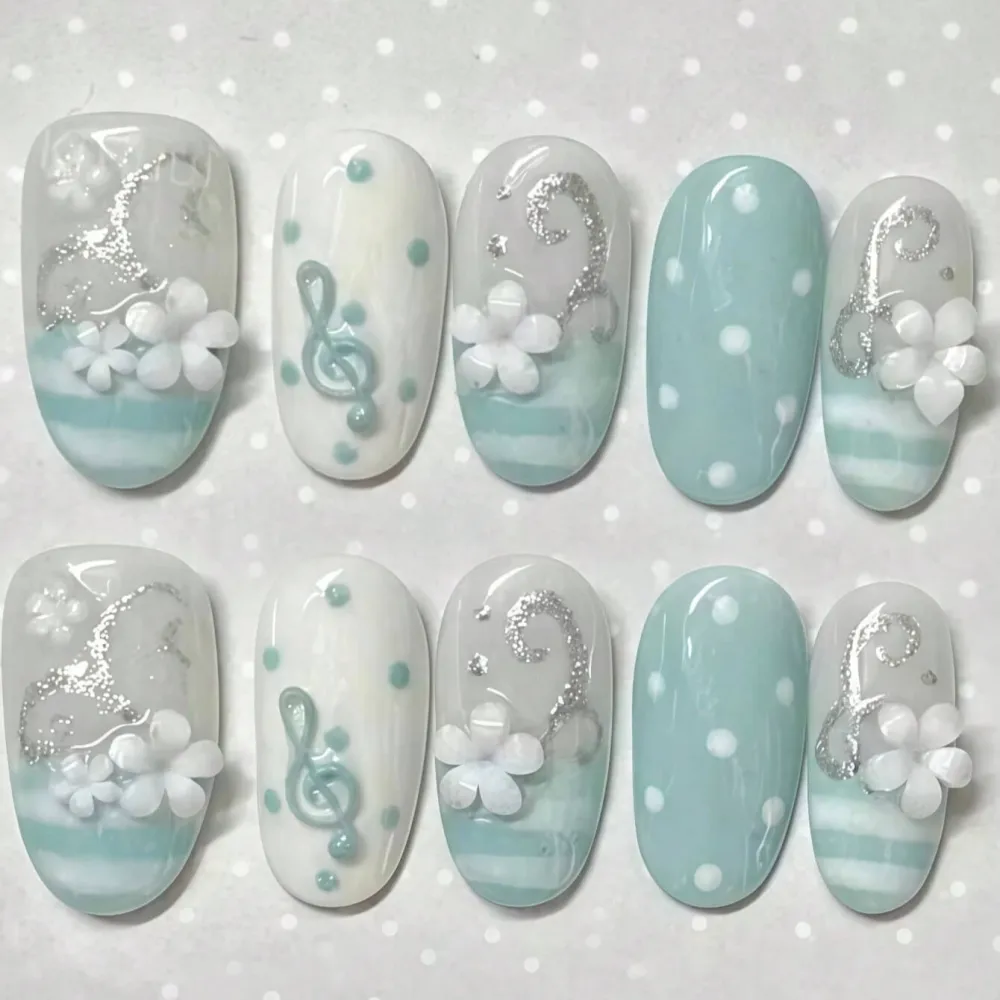 Nailhour 10Pcs Handmade French Medium Almond 3D Press On Nails