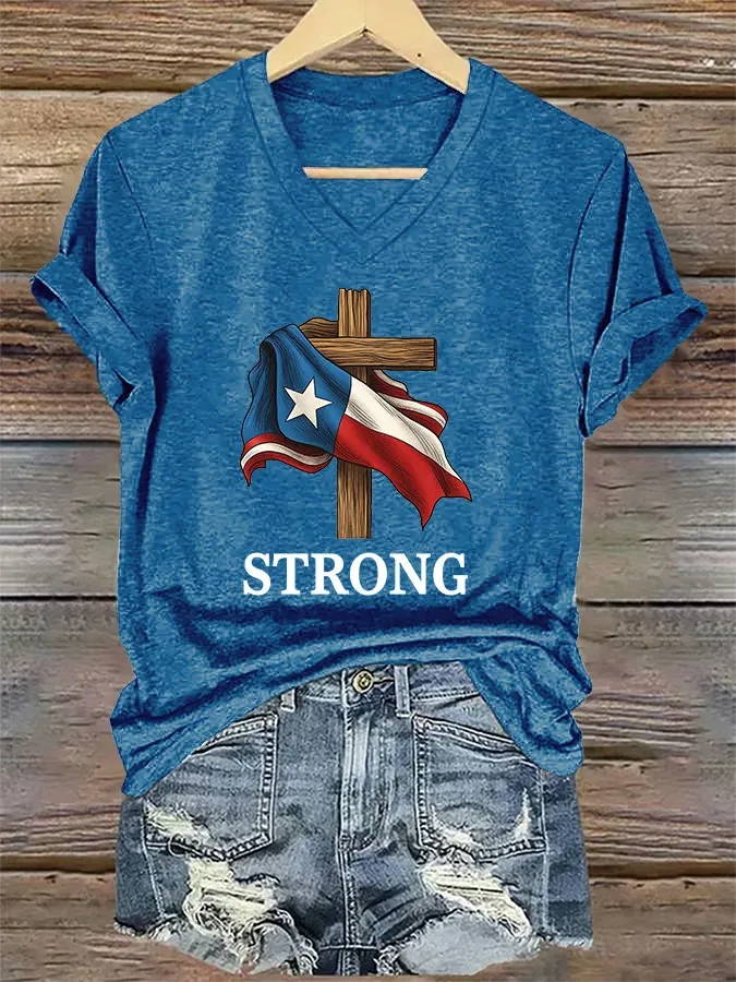 V-Neck Retro Texas Strong Faith Cross Print T-Shirt