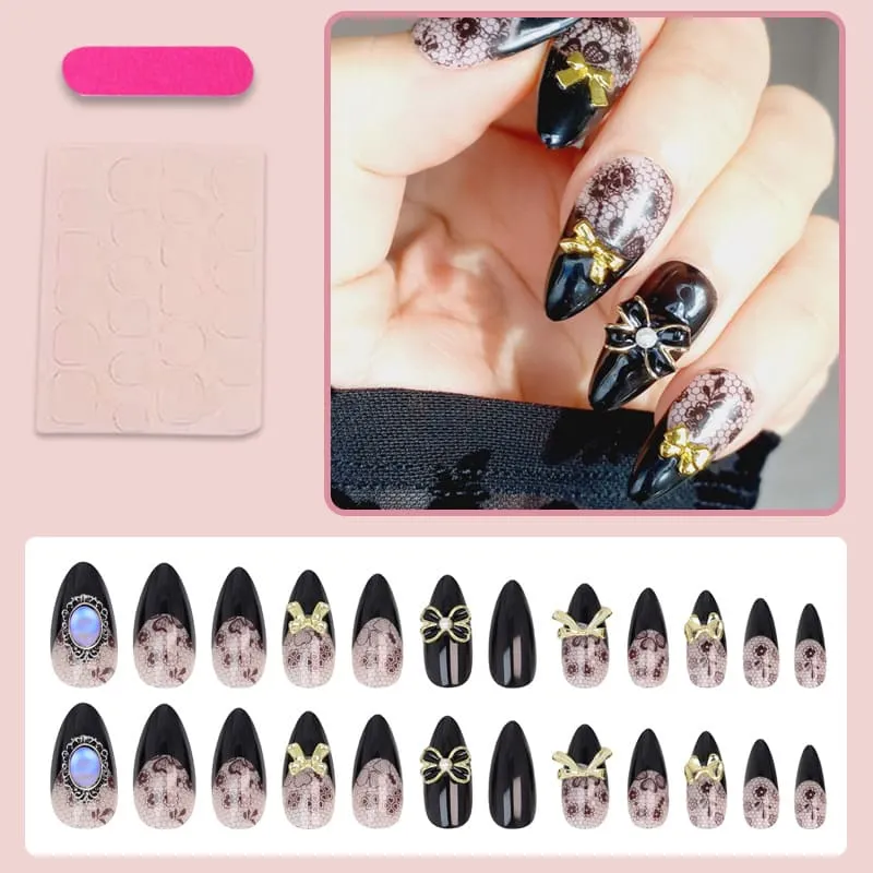 Nailhour 24Pcs Rhinestone 3D Medium Almond Vintage French Press On Nails