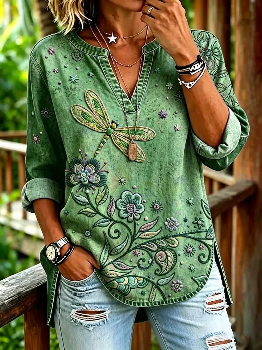 Women's Vintage Floral Print Casual V-Neck Shirt
