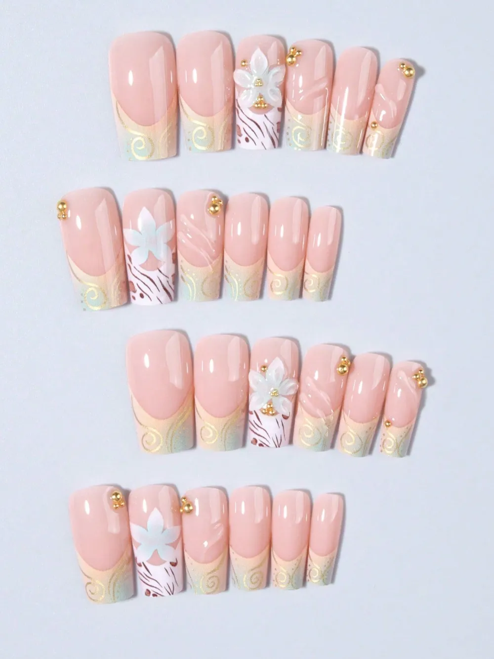 Nailhour 24Pcs French Floral 3D Long Coffin Press On Nails