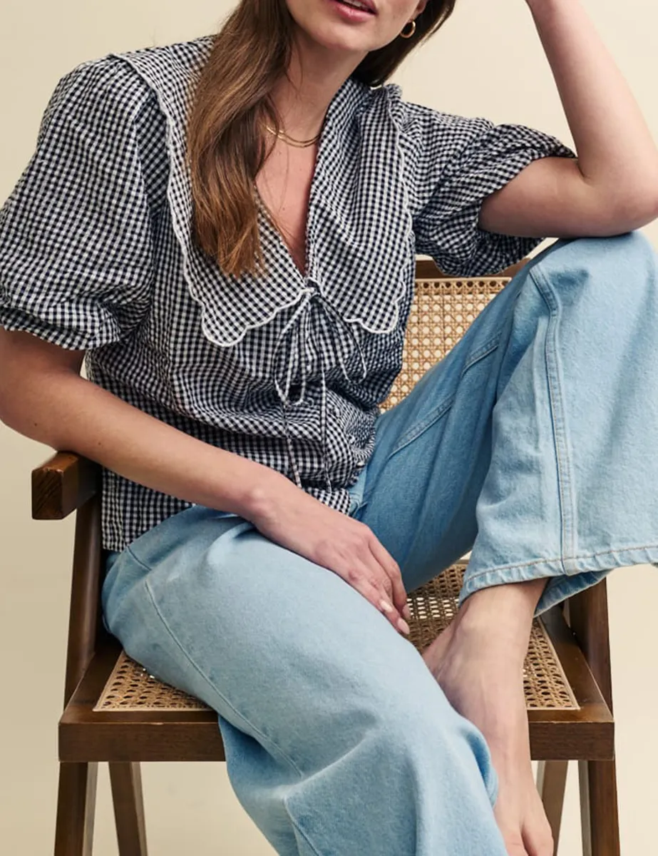 Black Gingham Pan Collar Short Sleeve Blouse