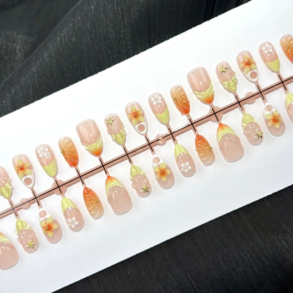 Nailhour 30Pcs Pearl Shell Floral 3D Medium Almond French Press On Nails