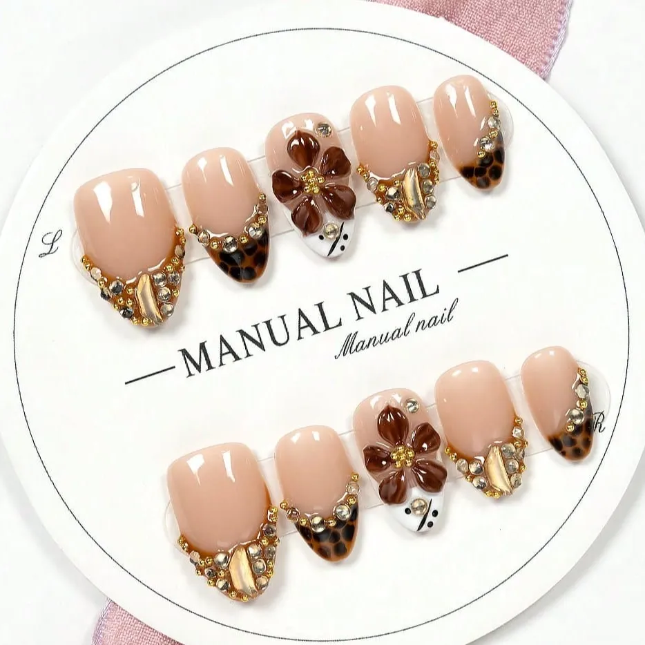 Nailhour 10 Pcs Handmade 3D Brown Flowers Short Almond Press On Nails