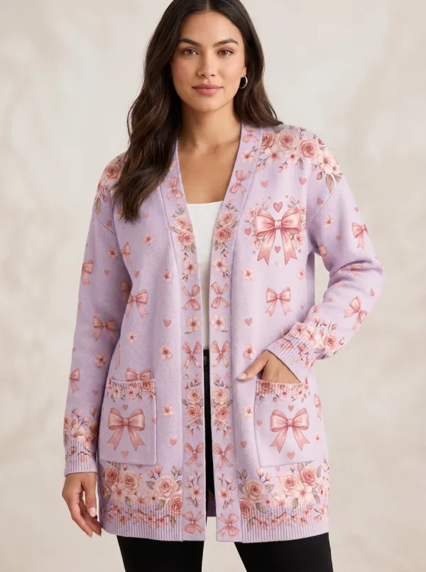 Women's Breast Cancer Awareness Pink Bow Floral Printed Cardigan
