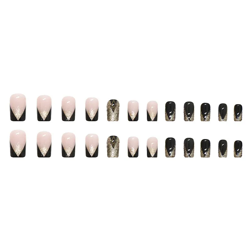 Nailhour Black Glitter Nail Art Square 24Pcs Party Press On Nails