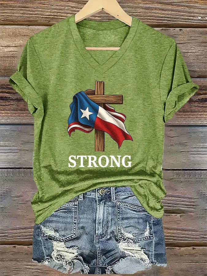 V-Neck Retro Texas Strong Faith Cross Print T-Shirt