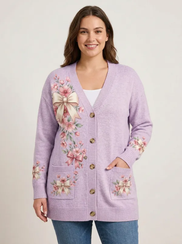 Women's Breast Cancer Awareness Pink Ribbon Floral Bow Printed Cardigan