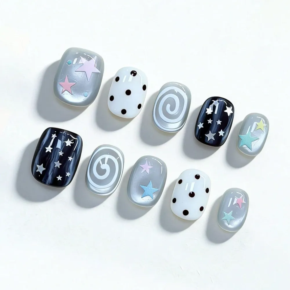 Nailhour 10Pcs Y2K Cat Eye Vintage Blue Short Squoval Press On Nails