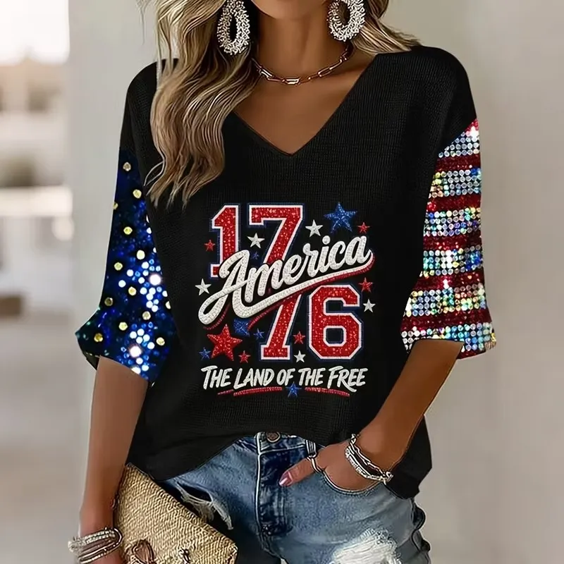 Ladies' Casual American Independence Day 1776 Personalized Printed V-Neck Mid Sleeve Top