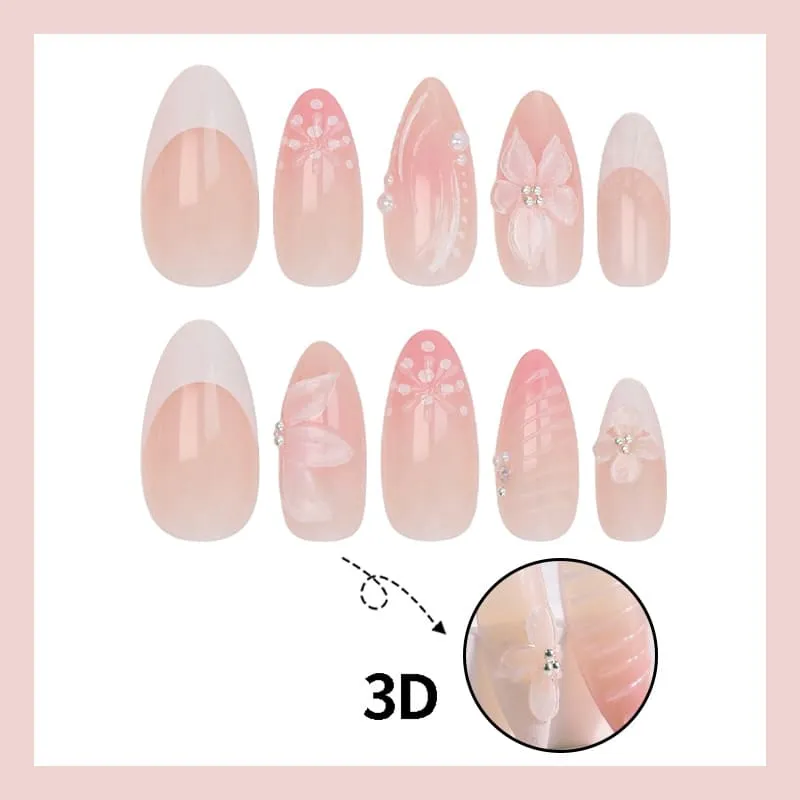 Nailhour 24Pcs Cherry Blossom 3D Medium Almond Pink Press On Nails