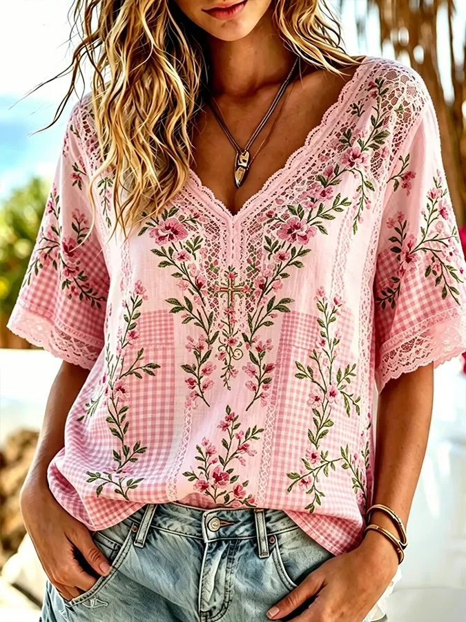 Women's Pink Flower Lace Printed Art Cotton Hemp Colorful V-neck Short Sleeve Top