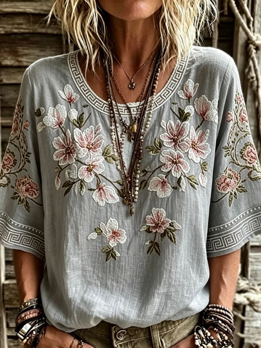 Women'S Floral Print Round Neck Short Sleeved T-Shirt