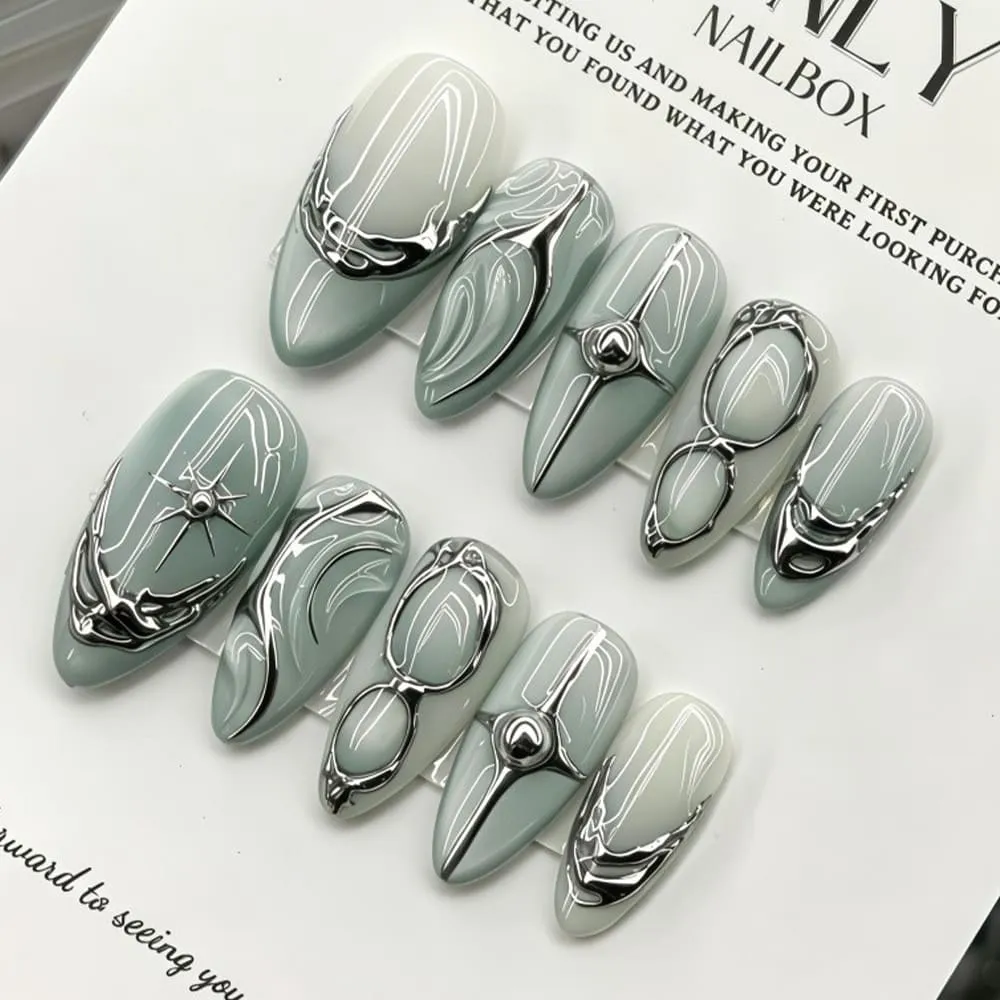 Nailhour 30Pcs Cool Tones Gradient 3D Medium Almond French Press On Nails