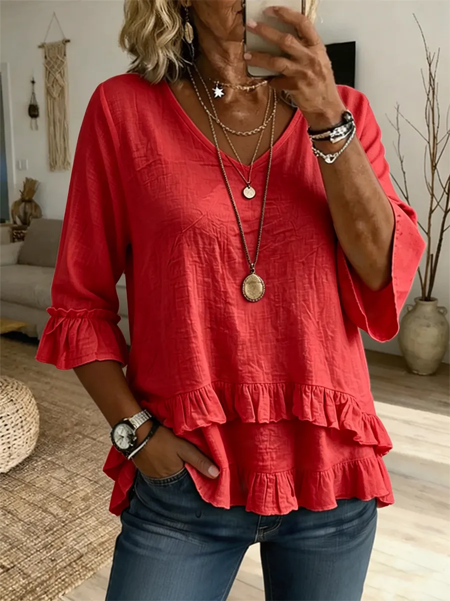 Women's Linen Blend Ruffle Hem V-Neck 3/4 Sleeve Casual Blouse
