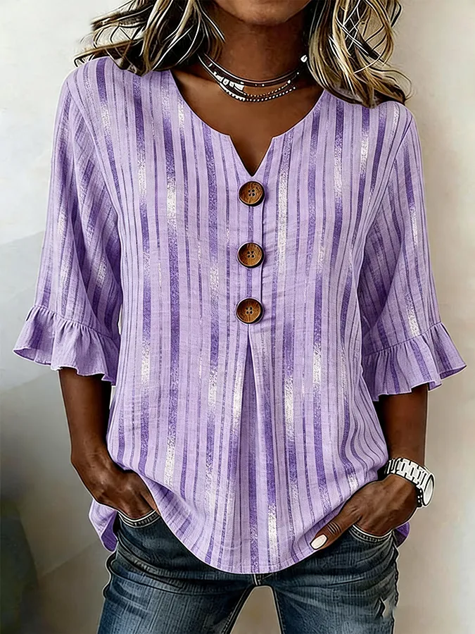 Women's Casual Retro Striped Cotton Linen Shirt