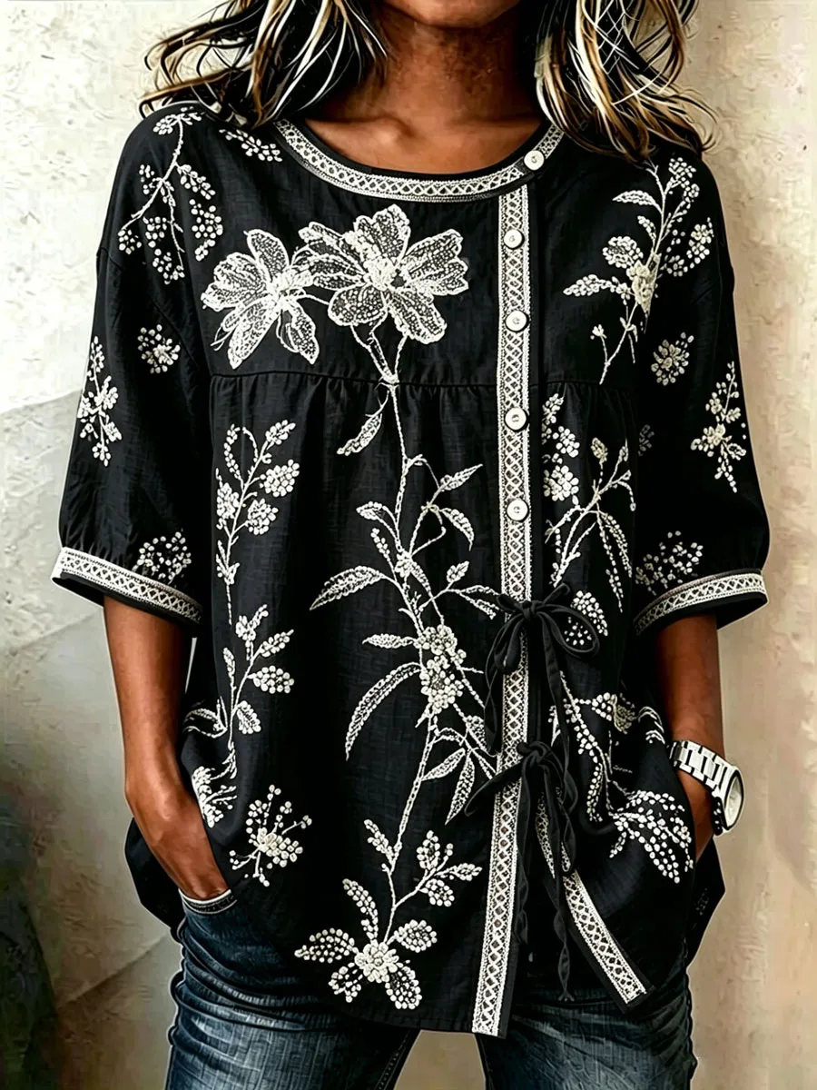 Women'S Casual Print Cotton Linen Top