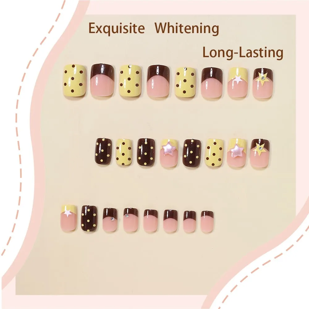 Nailhour 24Pcs Yellow 3D Star Medium Square French Press On Nails