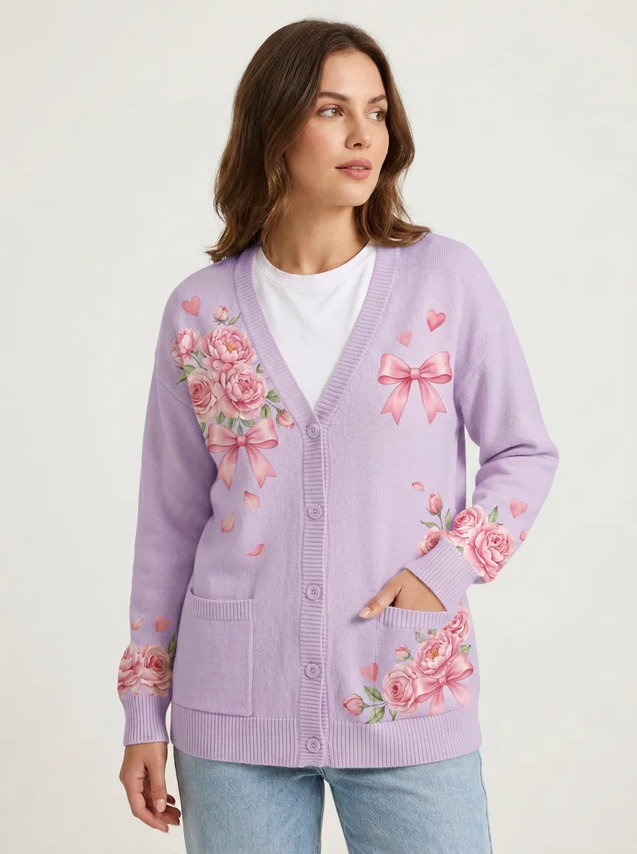 Women's Breast Cancer Awareness Pink Rose Bow Printed Cardigan