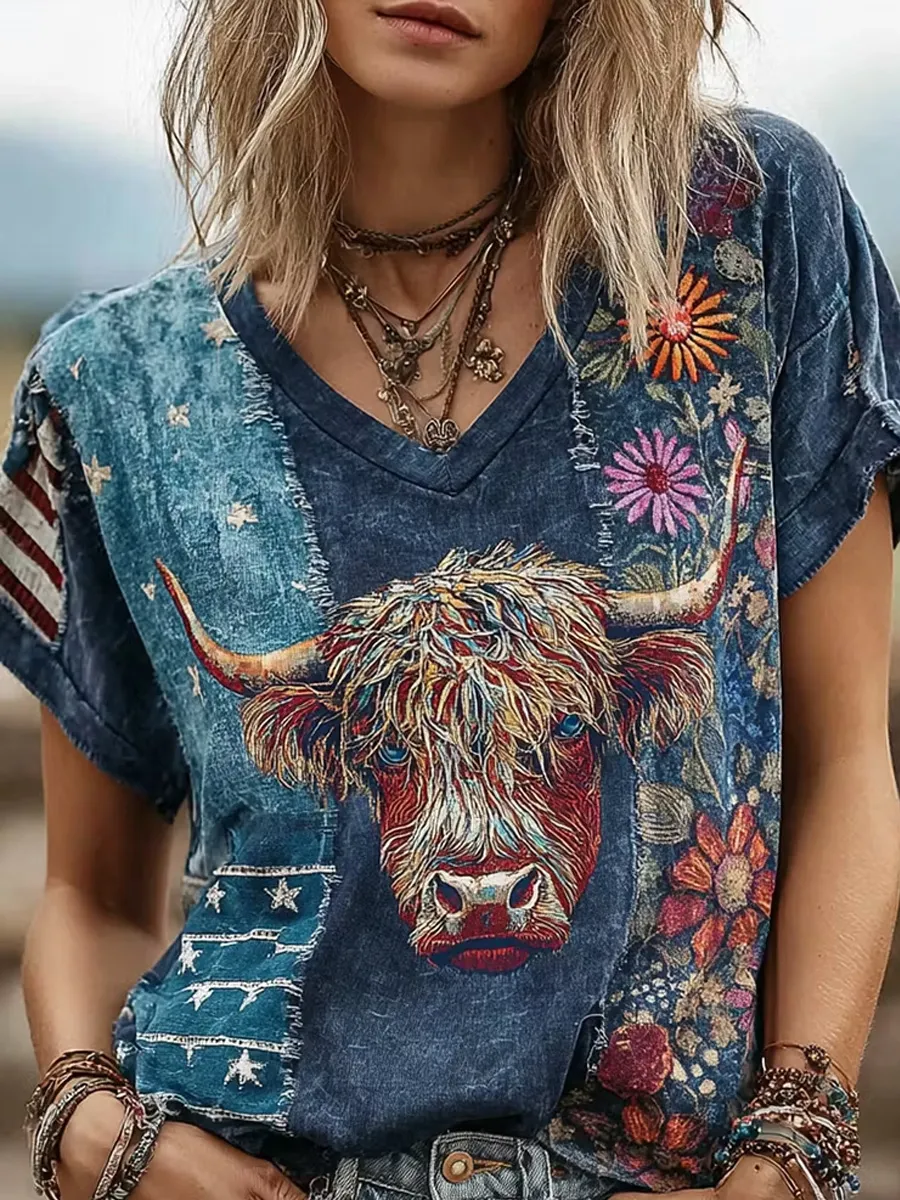 Women'S Independence Day Animal Embroidery Print T-Shirt
