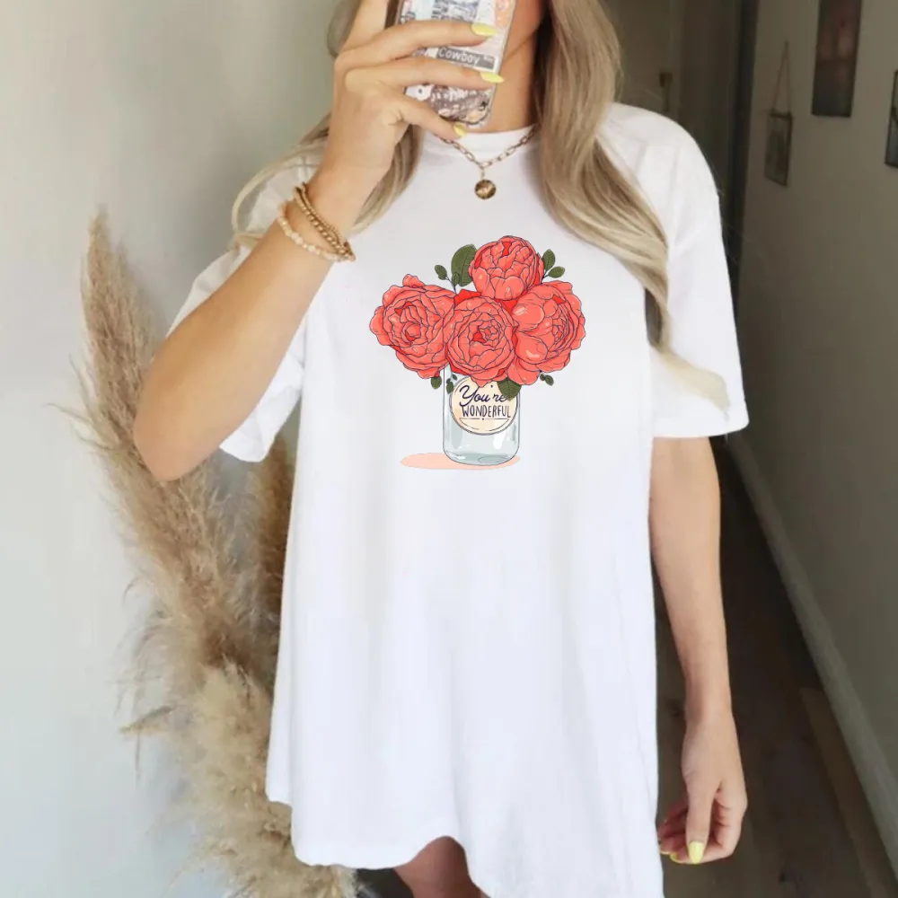 Red Roses In A Glass Bottle Printed Casual T-Shirts