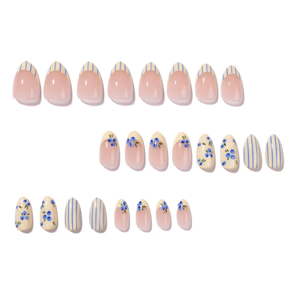 Nailhour 24Pcs French Medium Almond Fresh Blueberry Press On Nails
